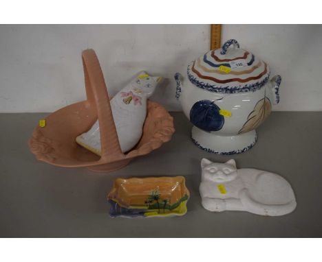 Mixed Lot: Cat shaped wall plaques, modern covered jar and a ceramic basket