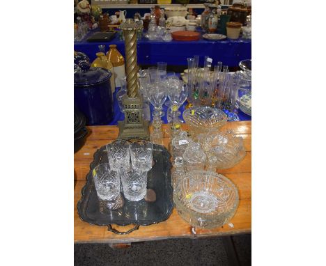 Mixed Lot: A brass table lamp base, silver plated tray, various glass bowls, cruet items etc
