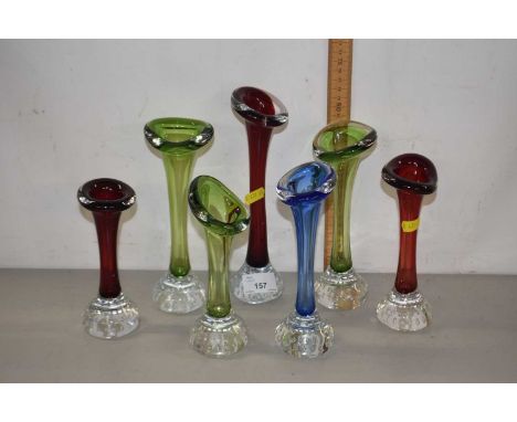 Group of Whitefriars style coloured glass stem vases