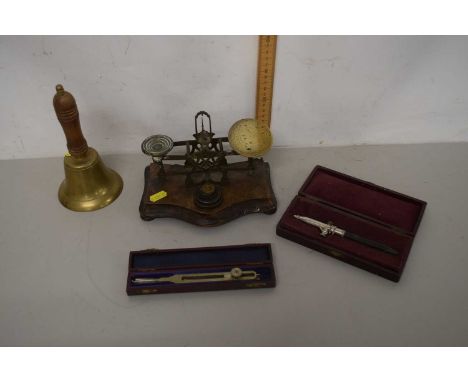 Mixed Lot: Brass postal scales together with a small hand bell, a boxed Aerograph and a further drawing instrument