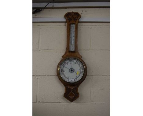 Late Victorian oak cased combination barometer and thermometer