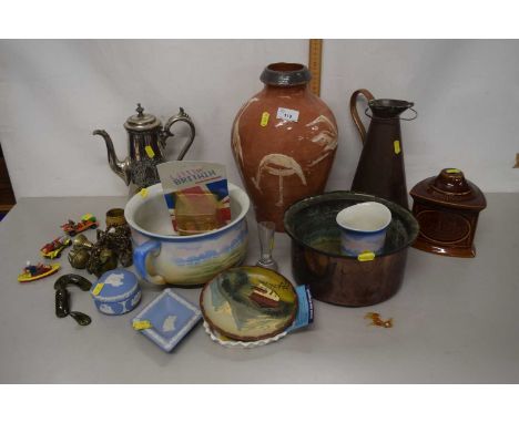 Mixed Lot: Various assorted vases, chamber pot, silver plated teapots, Holkham Pottery lamp base and others