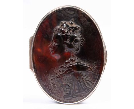 A Queen Anne silver and tortoise shell snuff box by John Obrisset, the oval box with a hinged cover, the lid with a pressed p