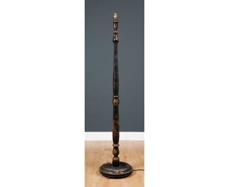 An early 20th century turned standard lamp with japanned and lacquered gilded decoration, 159cm highCondition report: Some we