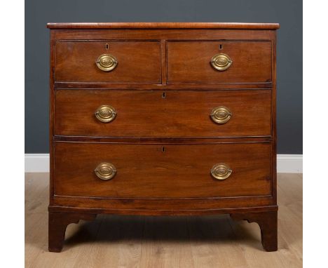 A 19th century mahogany bow fronted chest of two short and two long drawers raised on bracket feet, 87.5cm wide x 84cm deep x