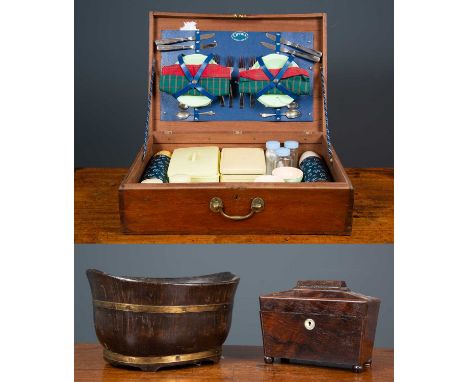 A late 19th / early 20th century Fortnum &amp; Mason mahogany trunk  with a later picnic set, 58.5cm wide x 40cm deep togethe