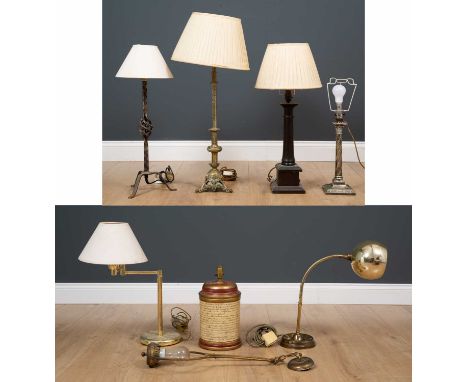 A collection of table lamps to include a brass adjustable table lamp, 37cm high excluding fittings, two metal table lamps for