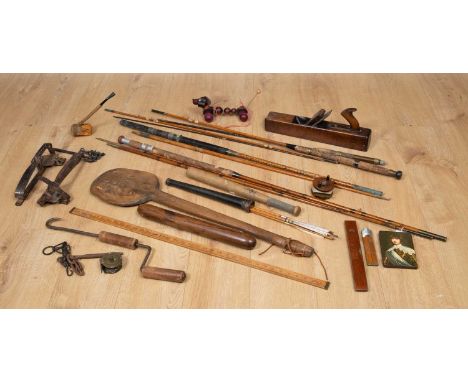 Vintage hunting and fishing equipment, to include a group of three vintage fishing rods, one by Forres, a spare reel and reel