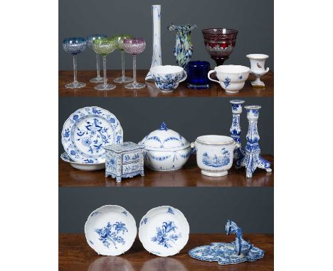 A collection of glassware and ceramics to include a set of five coloured hock glasses; a Herend Hungary ceramic urn; two Meis