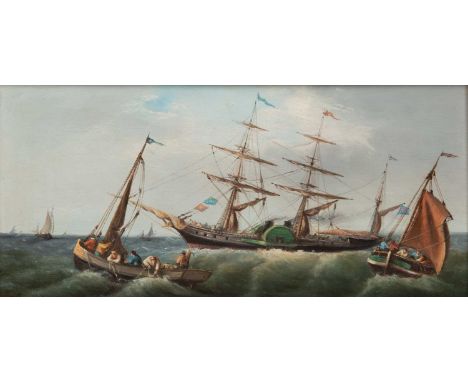 A late 19th century seascape with a steam brig and sailboats, oil on board, signed 'Gilbert' lower left, 16.5cm x 35cm, mount