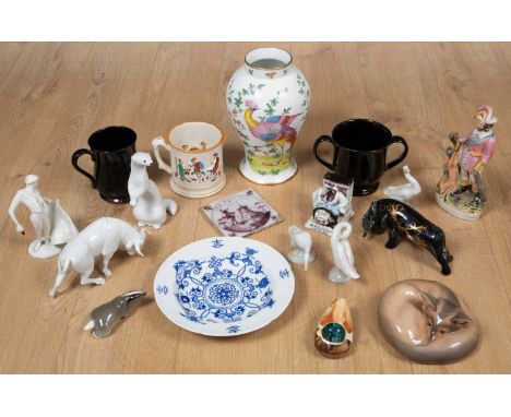 A collection of decorative ceramics to include a Royal Copenhagen figurine of a sleeping fox, stamped to the base; Royal Cope