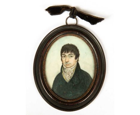 A late 18th / early 19th century portrait miniature depicting a gentleman painted on ivory, 7cm x 5cm, framed and glazed over
