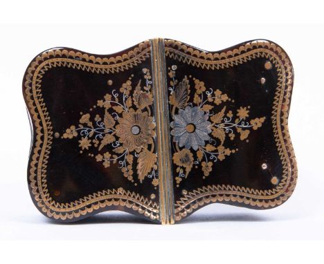 An early 19th century tortoise shell and yellow metal pique work snuff box with a shaped edge, 8cm wide x 5.5cm deep x 2.5cm 