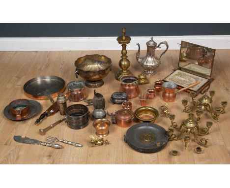 A quantity of metalware,  silver plate, copper, Victorian mirror (one mirror plate lacking), a brass table lamp etcCondition 