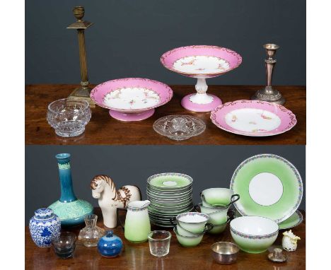 A Czechoslovakian part green ground tea set together with further ornaments including a pottery vase, small glass vase with a