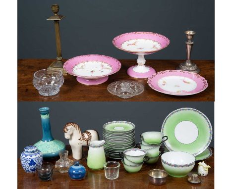 A Czechoslovakian part green ground tea set together with further ornaments including a pottery vase, small glass vase with a