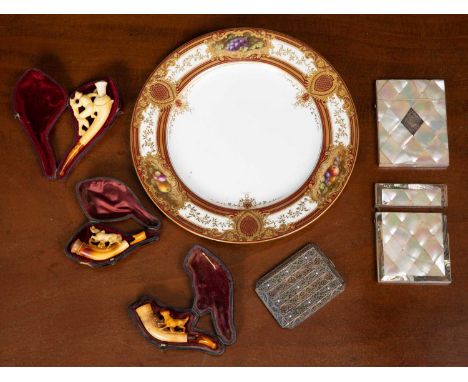 A gilt and claret painted Coalport plate, decorated with three panels of fruit by Frederick. H. Chivers (signed), 26cm diamet