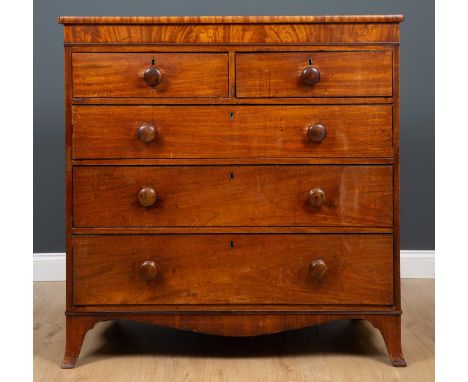A 19th century mahogany chest of two short and three long drawers with turned knob handles and splayed bracket feet, 107.5cm 