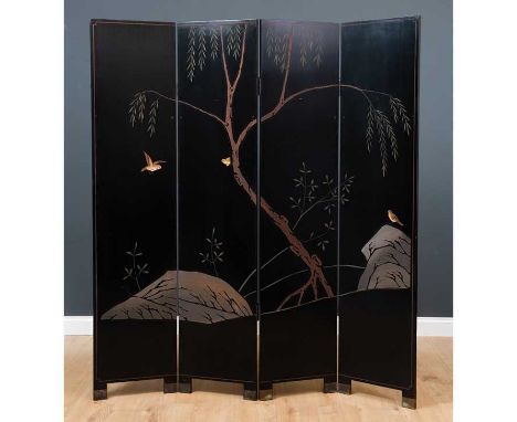An Art-Deco style double sided four-fold screen, the one side decorated with large embossed tulips on a silver mirrored groun
