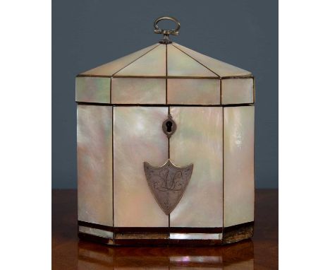 A George III mother of pearl and tortoise shell octagonal tea caddy, 10.5cm wide x 8cm deep x 13cm highCondition report: thre