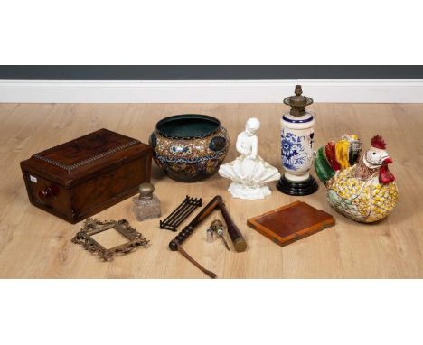 A Victorian mahogany sarcophagus shaped box formerly a teapoy, 45cm wide together with a carved wooden chicken, a French oil 