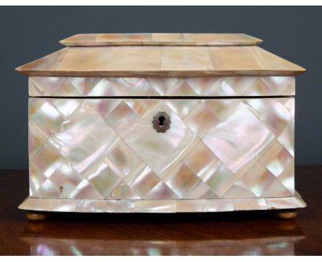 A 19th century mother of pearl and ivory tea caddy of bow fronted sarcophagus form with turned bun feet, 21cm wide x 11cm dee