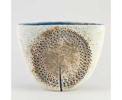 † ALAN WALLWORK (1931-2019); a stoneware Delta form with incised and impressed decoration picked out in turquoise glaze with 