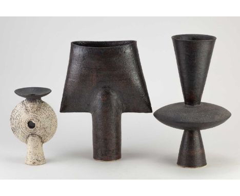 † DAMEON LYNN (born 1972); three stoneware vessels in the manner of Hans Coper comprising a spade vase and two composite form