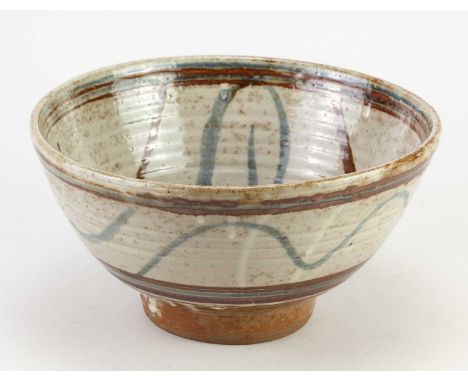 † MICHAEL CARDEW (1901-1983) for Wenford Bridge Pottery; a deep stoneware bowl covered in pale grey glaze with iron and cobal