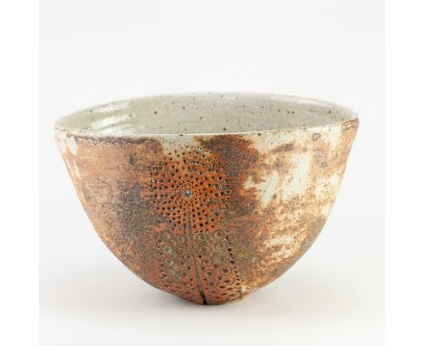 † ALAN WALLWORK (1931-2019); an oval stoneware hanging bowl with holes each side and incised and lightly impressed decoration