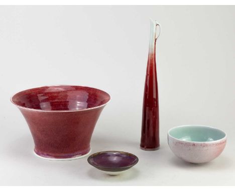 † EDDIE CURTIS (born 1953); a tall slender jug form covered in copper red and celadon glaze, impressed EC mark, height 27cm, 