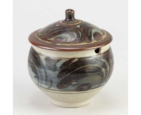 † BERNARD LEACH (1887-1979) for Leach Pottery; a stoneware marmalade jar with iron decoration on blue/grey ground, painted BL