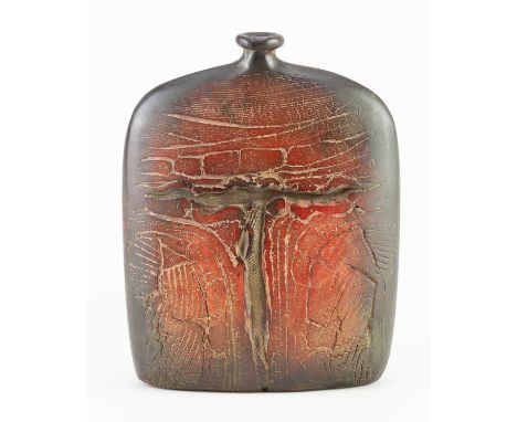 † PETER HAYES (born 1946); a raku bottle with fractured red surface, incised signature dated 2008, height 19cm. Condition Rep