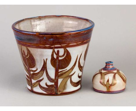 MIRANDA THOMAS for Aldermaston Pottery; a tin glazed earthenware planter decorated with red, blue and gold lustre, painted TA