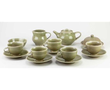 † HARRY DAVIS (1910-1986) &amp; MAY DAVIS (1914-1998) for Crowan Pottery; a stoneware tea set covered in green glaze comprisi