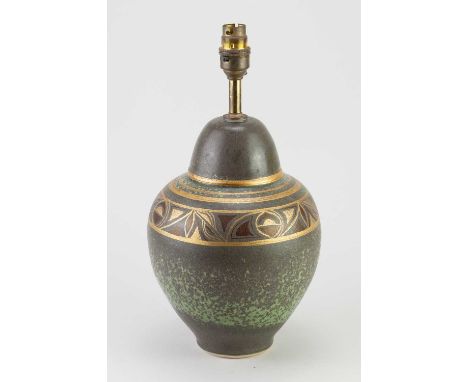 † BRIDGET DRAKEFORD (born 1946); a porcelain lamp base covered in mottled green glaze with gilded decoration, incised signatu