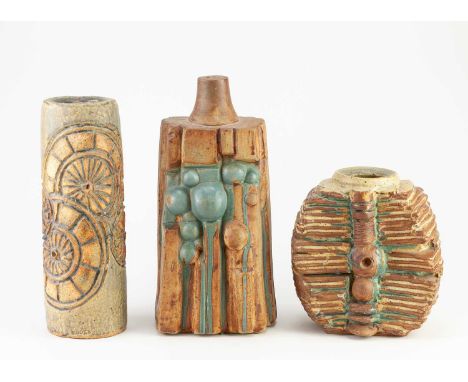 † BERNARD ROOKE (born 1938); a stoneware sculptural lamp base partially covered in turquoise glaze, impressed mark, height 30