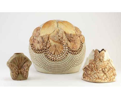 † BERNARD ROOKE (born 1938); a stoneware sculptural lamp shade decorated with insects and leaves, pottery sticker, height 26.