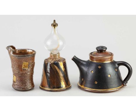 SUZY ATKINS for Poterie du Don, France; a stoneware oil lamp with lustrous polychrome decoration, incised signature, height 2