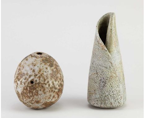 † ALAN WALLWORK (1931-2019); a small stoneware seed pod with perforated top, a hole to one side and lightly impressed decorat