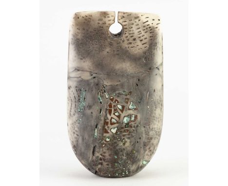 † PETER HAYES (born 1946); a raku bow with fractured smoky surface, height 18.5cm. Condition Report: Nicks to top edge and wh