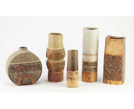 † LOUIS HUDSON; a rectangular stoneware vase with impressed decoration, impressed LH mark, height 19cm, and three cylindrical