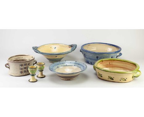 † JOSIE WALTER (born 1951); a group of slipware ceramics comprising two twin handled dishes, a twin handled bowl, a smaller b