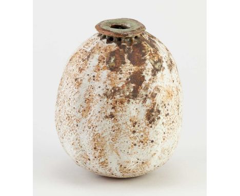 † ALAN WALLWORK (1931-2019); a stoneware seed pod covered in white glaze with iron staining, incised AW mark, height 12.5cm.C