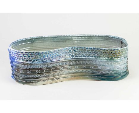 † MARGARET GARDINER (born 1948); a large salt glazed planter with impressed and incised decoration, impressed MG mark and pot