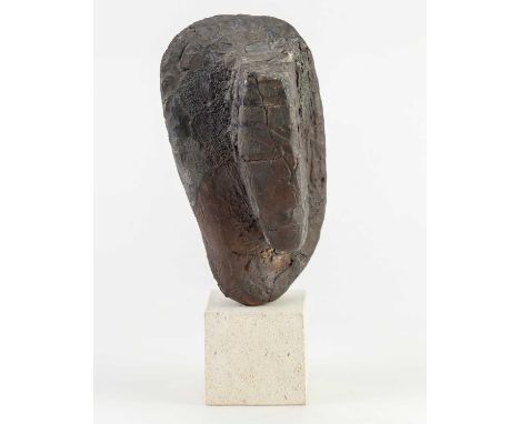 † PETER HAYES (born 1946); a stoneware sculpture of a stylised head on stone base, height 21cm.Condition Report: Chip to top 