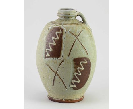 † MIKE DODD (born 1943); a flat sided stoneware bottle with side handle covered in porphyry ash glaze with panelled and incis