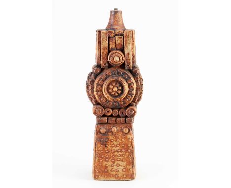 † BERNARD ROOKE (born 1938); a tall stoneware sculptural lamp base, impressed mark, height 51cm.Condition Report: Appears goo