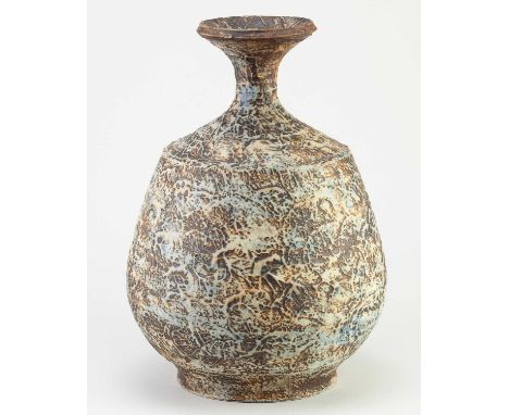 † WAISTEL COOPER (1921-2003); a large stoneware baluster lamp base with flared lip and textured cream, iron and cobalt surfac