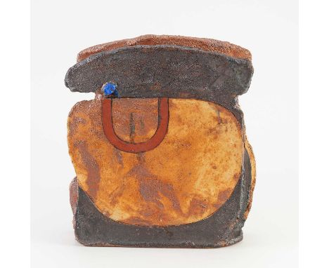 † ROBIN WELCH (1936-2019); a rectangular stoneware slab form with winged top and textured surface covered in polychrome decor